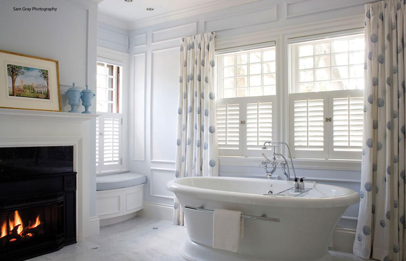 Back Bay Shutter master bath with fireplace. Meyer and Meyer Architects