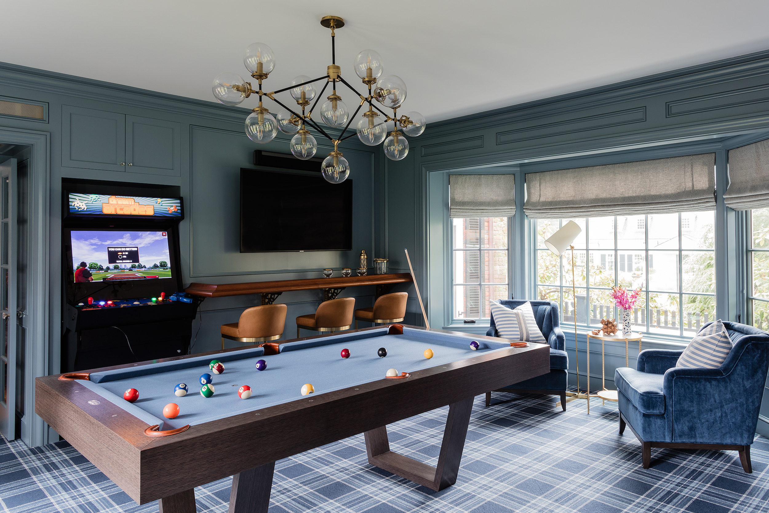 Home Game Room in Blues - Erin Gates Design; Michael J. Lee Photography