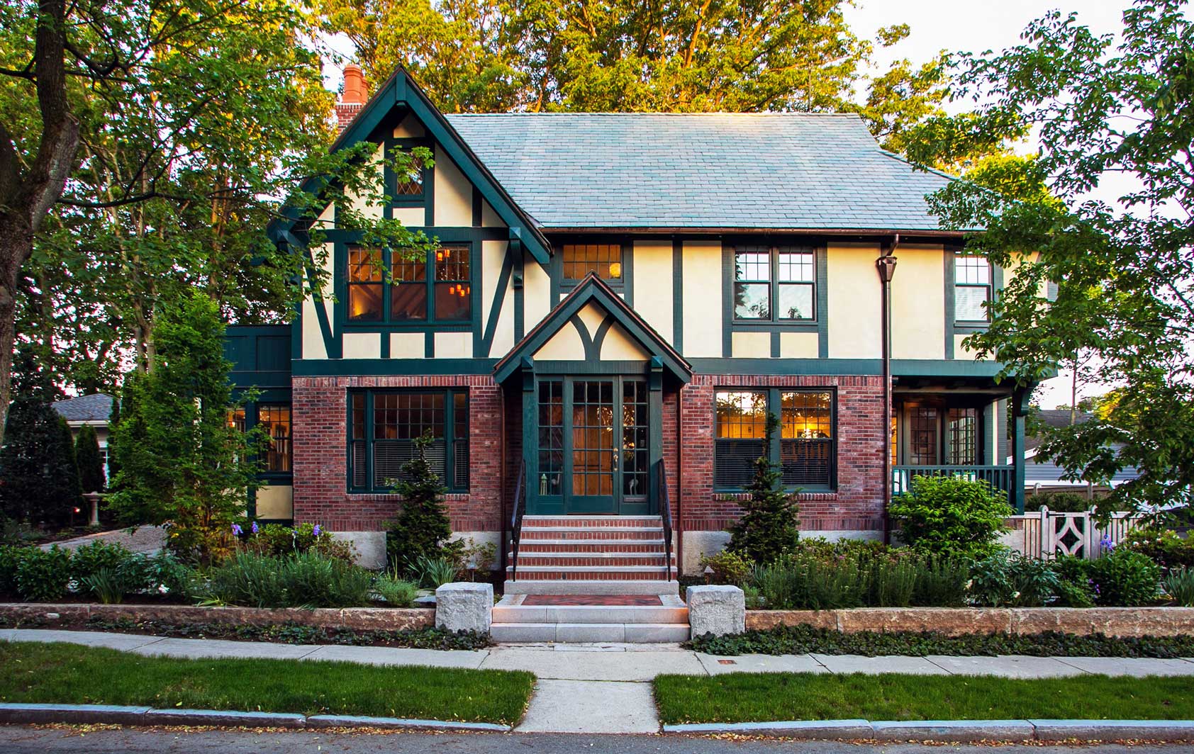 Front view of tudor revival home