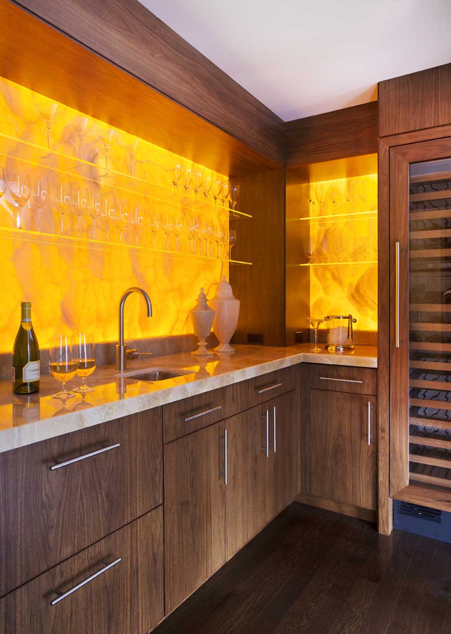 High-end custom crafted wet bar by Adams & Beasley Associates