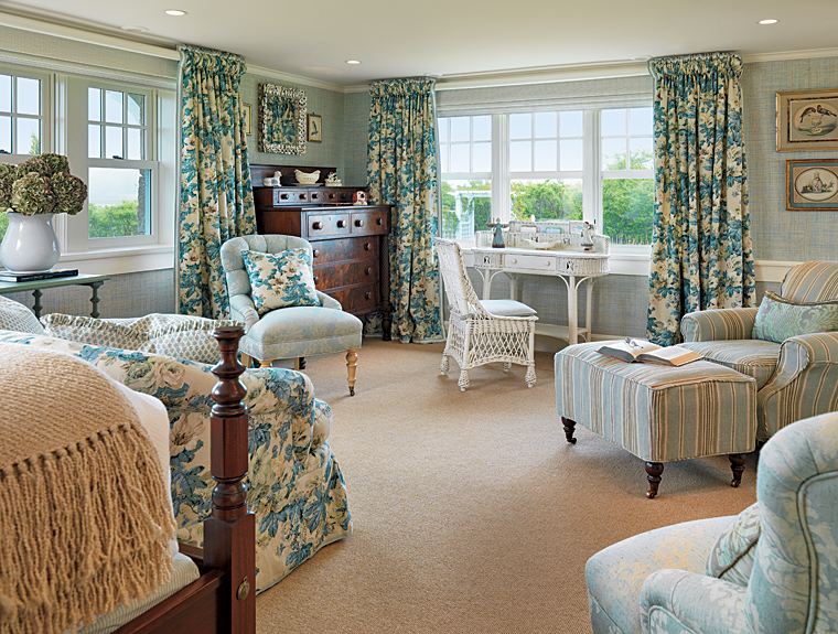 Guest bedroom with floral upholstery