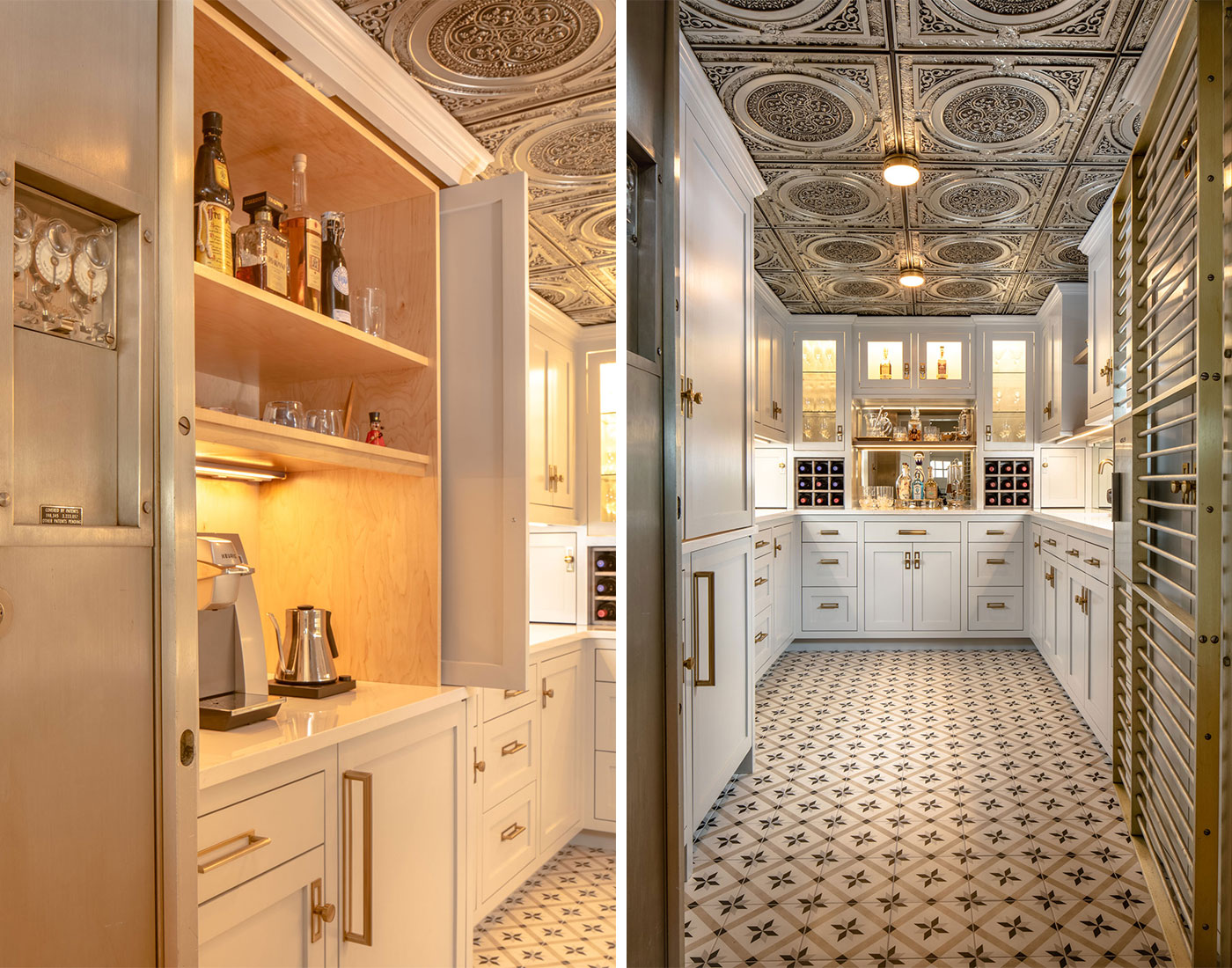 2 images of a converted bank vault turned into a butlers pantry