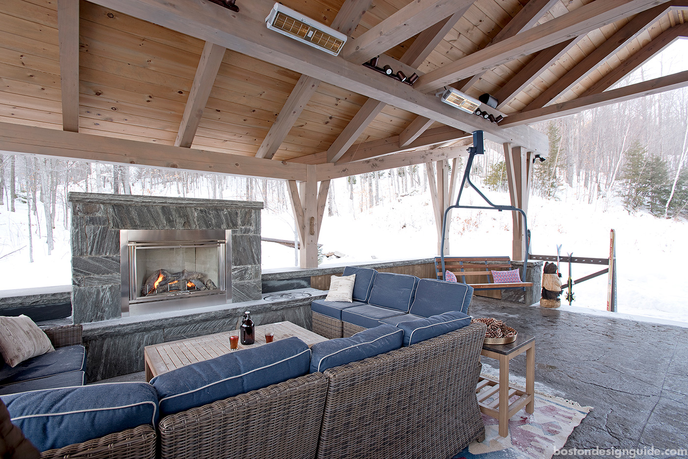 Ski-in, ski-off outdoor deck for a Maine ski house designed and built by Bensonwood