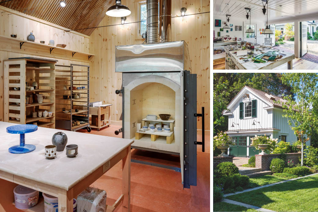 Exterior of an arts room, interior of white craft room, interior of kiln room