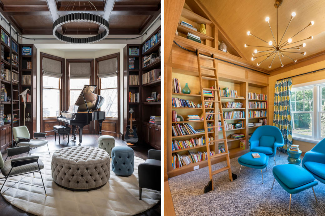 Interior view of music room and library with piano, interior view of modern library