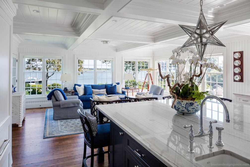 Coastal kitchen and waterside great room designed by Patrick Ahearn Architect, built by Colonial Reproductions, Inc.