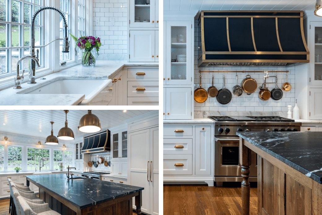 Sleek modern kitchen in farmhouse design with marble, wood, and onyx finishes