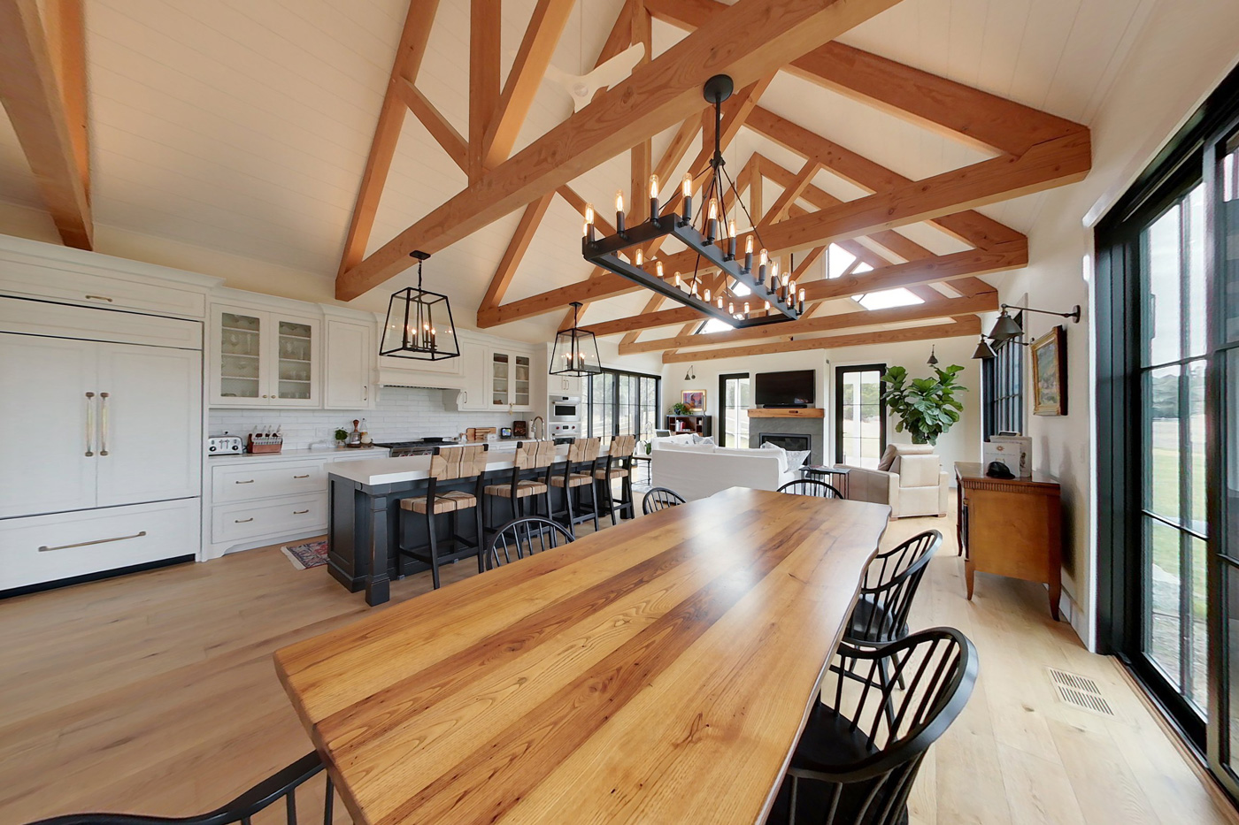 kitchen with cathedral ceiling and wood beams