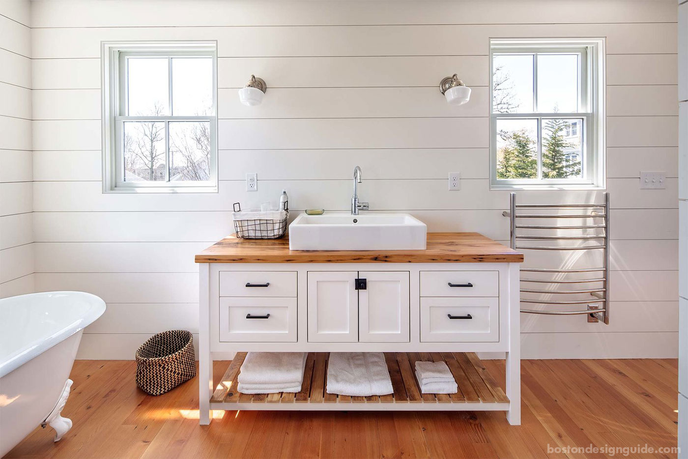 Nickel Gap wood paneling in a custom bathroom by custom home builder Costello Fine Homes