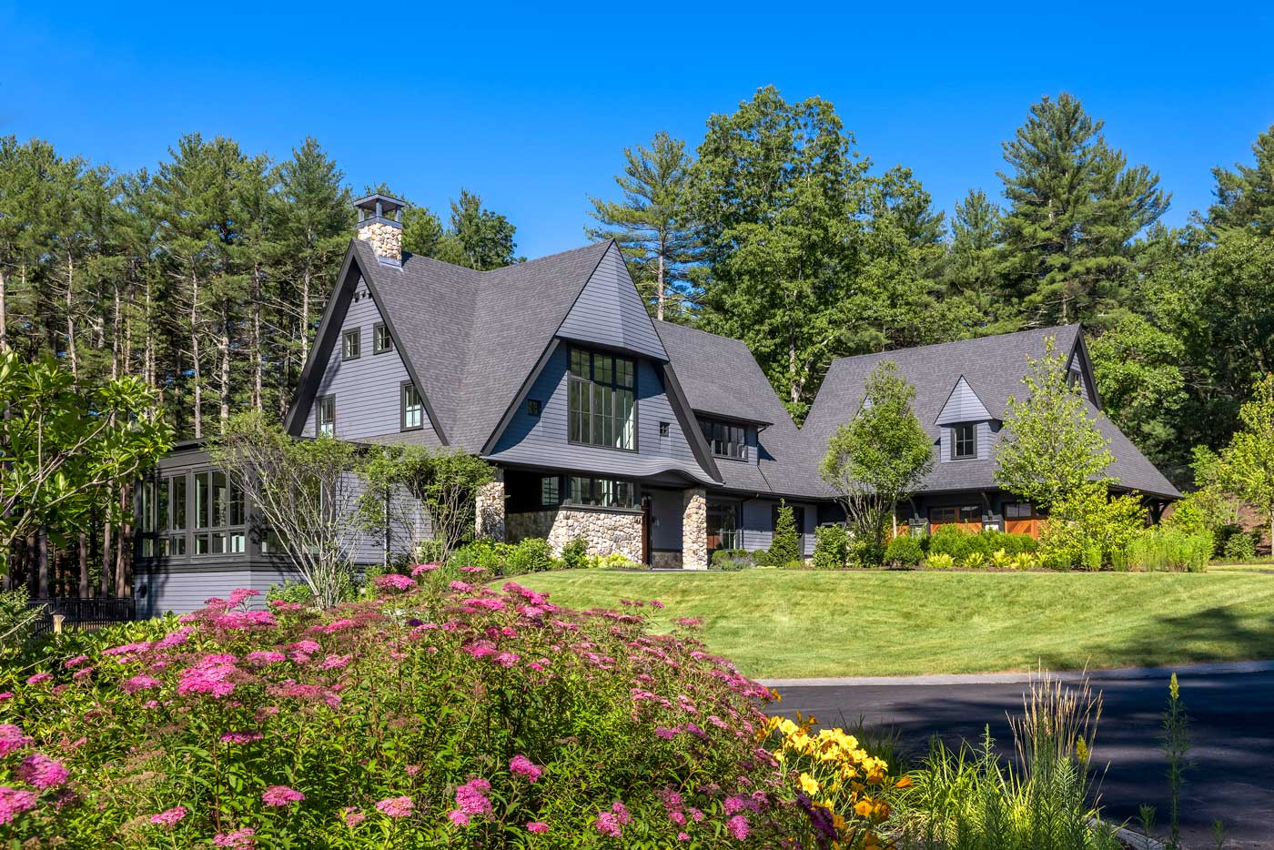 Shingle style home in rural wooded setting Metrowest, MA - Landscape Design by Mathew Cunningham Landscape Design