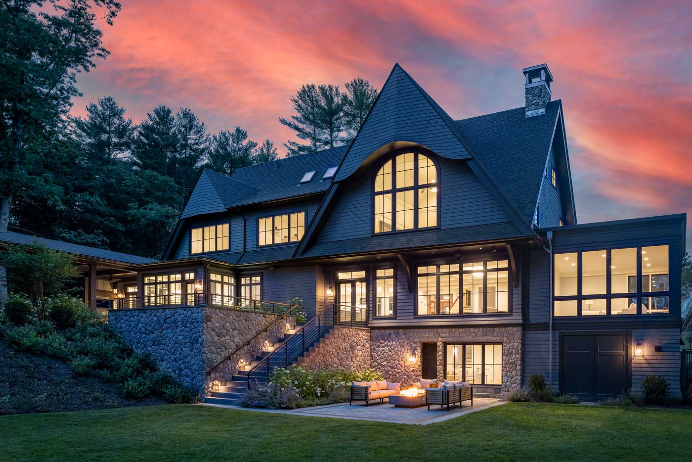 Dusk view of custom designed shingle style home Metrowest, MA 