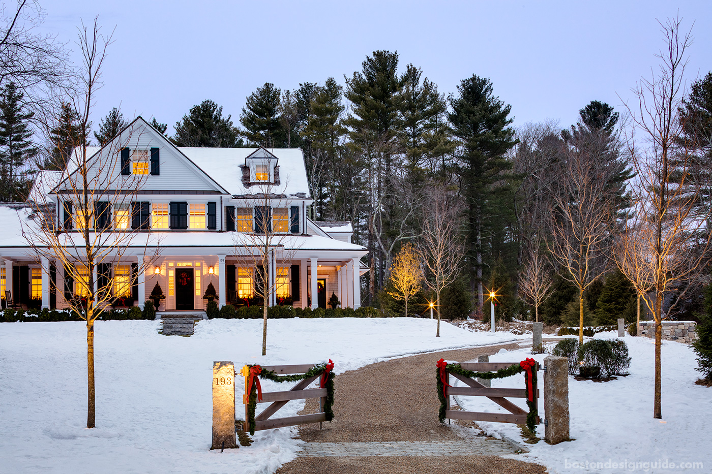 High-end traditional New England residence dressed for the holidays