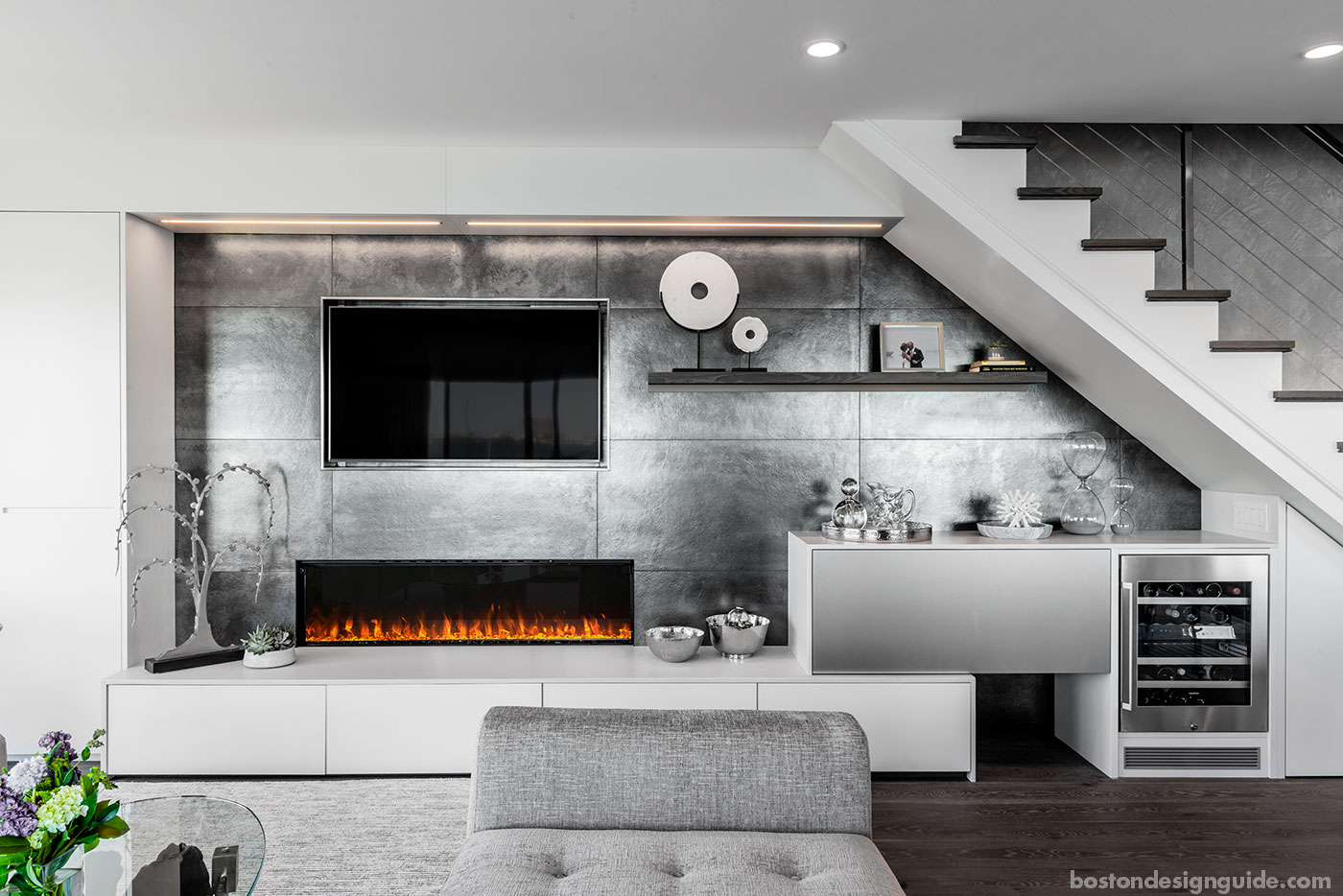 Fireplace feature wall for a Boston townhouse by Divine Design Center