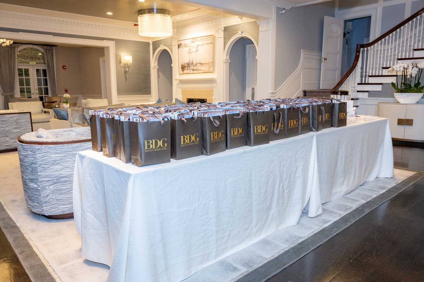 gift bags lined up on a table