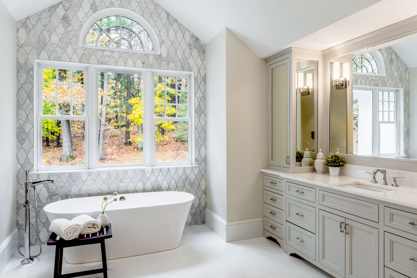 White master bath of move-in ready Weston home by top Boston builder