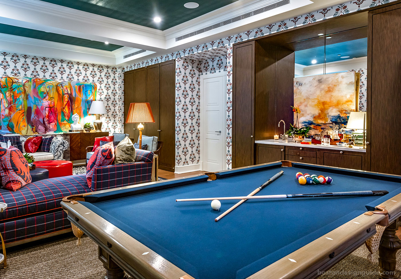 Colorful NYC living room and game room design by Eric Haydel Design