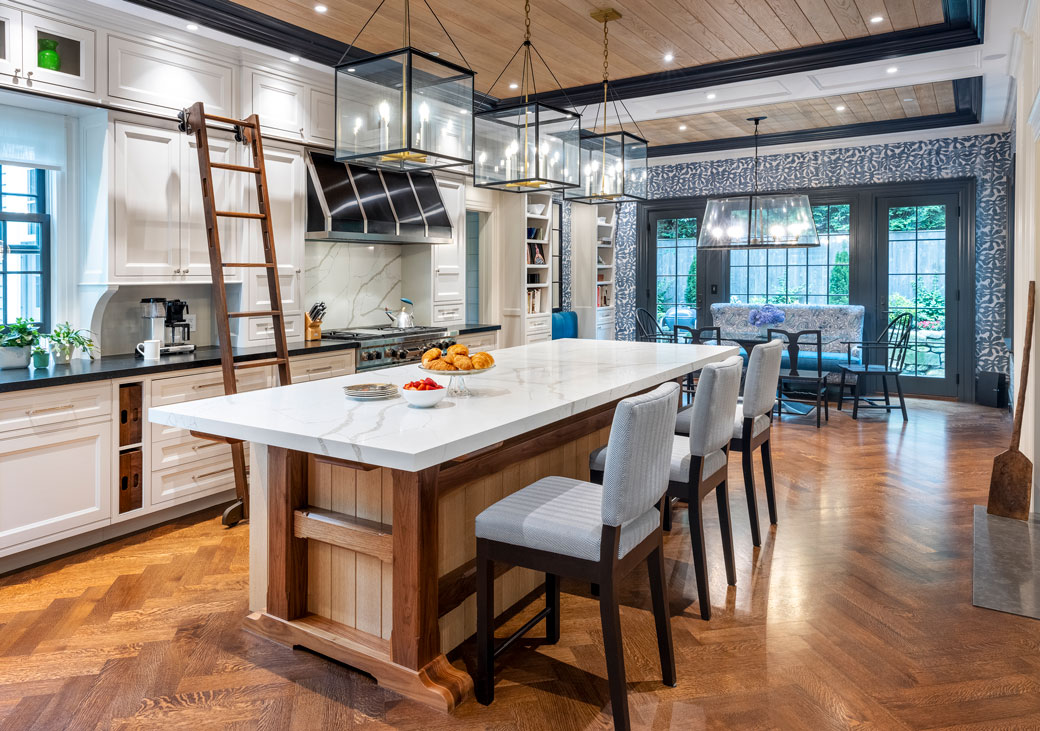 Farmhouse kitchen with big center island and wood ceiling