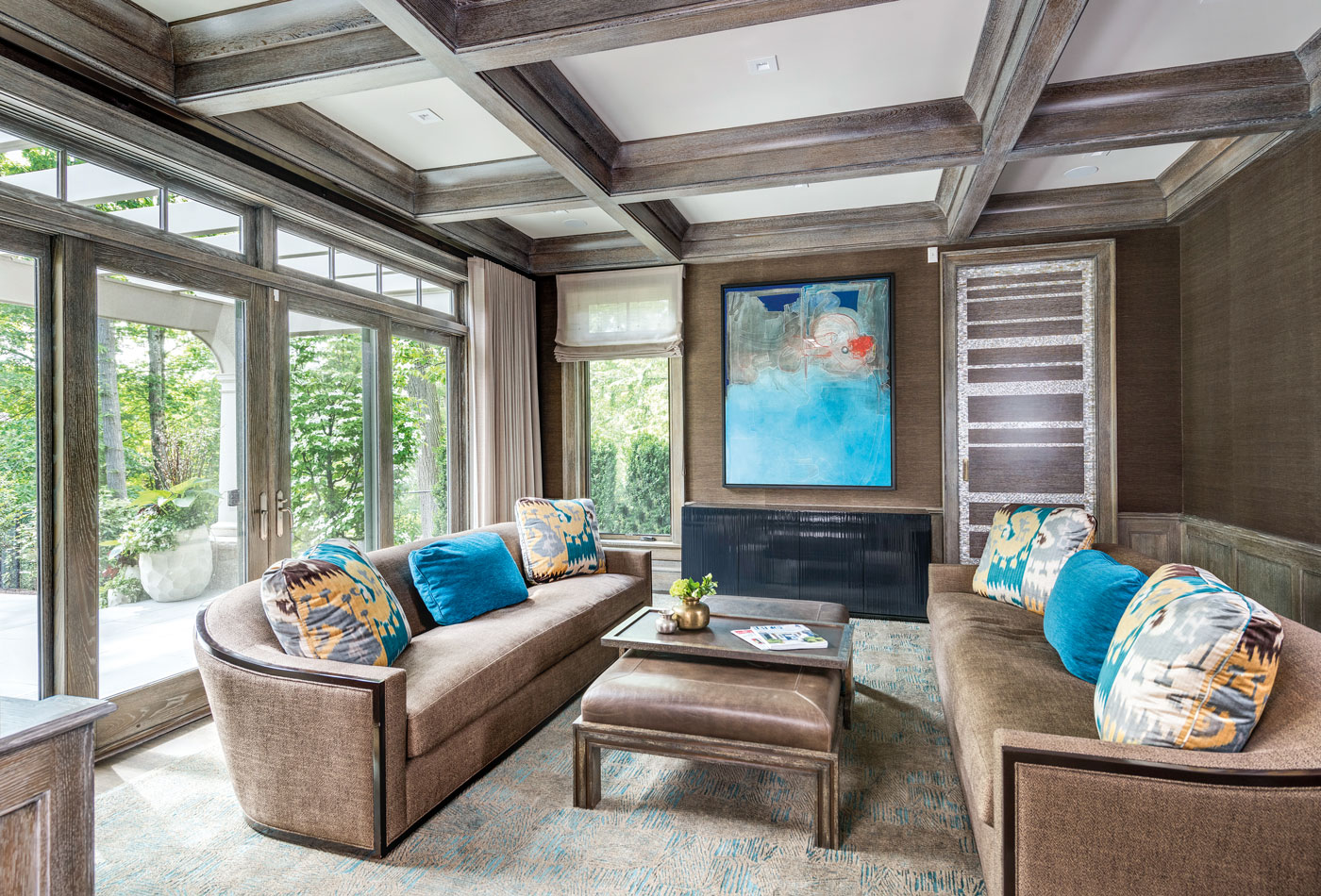 Family room with Far East and Asian influences in a high-end custom suburban Boston home.