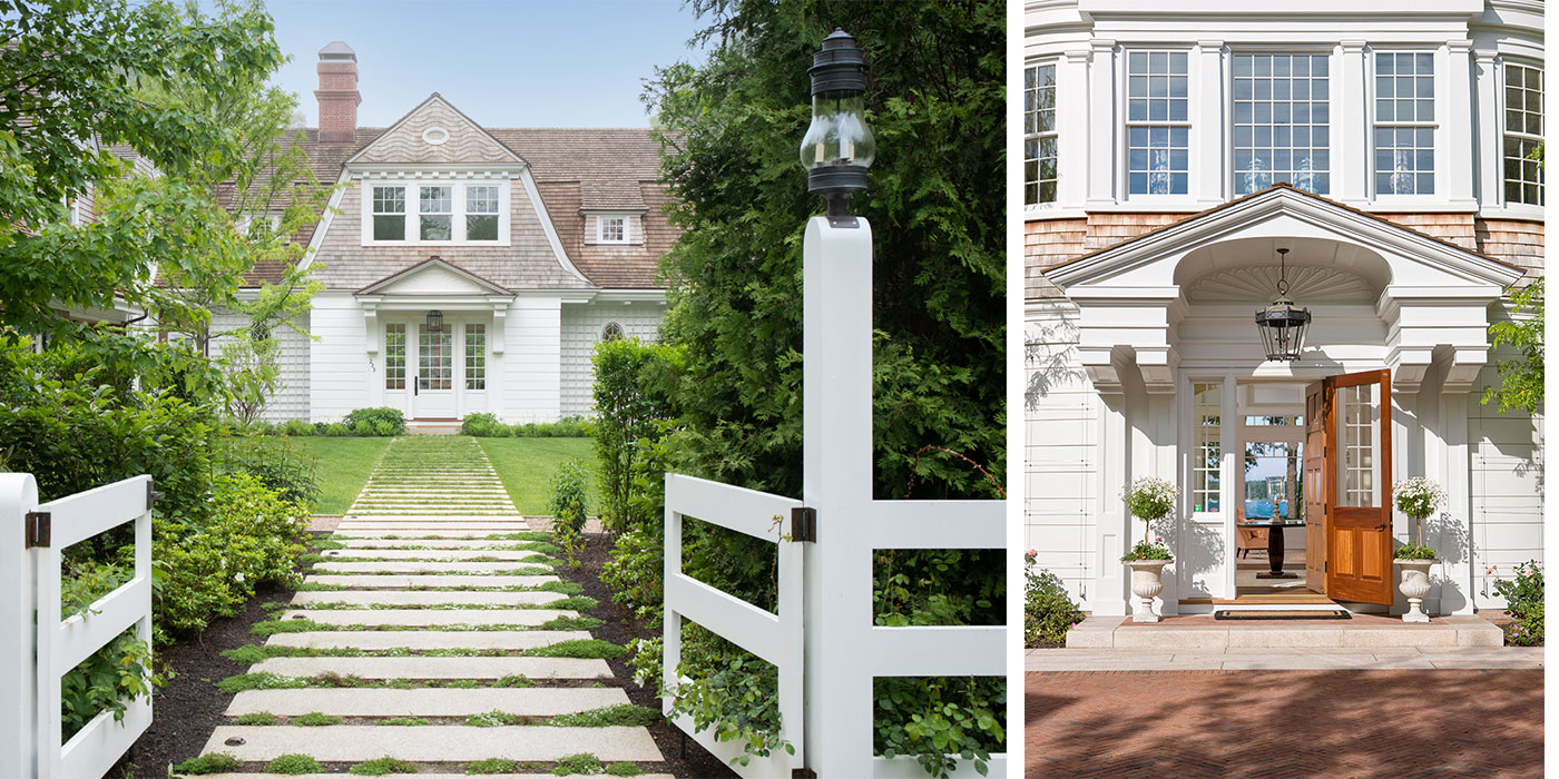 Front doors of two homes facing one another on a family compound on Cape Cod