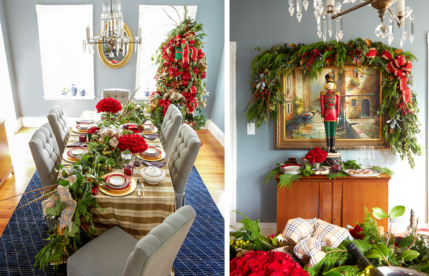 Holiday table setting and buffet decorated with greenery