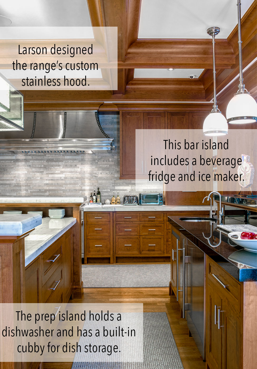 Custom kitchen with multiple islands and cherry woodwork by Fallon Custom Homes & Renovations
