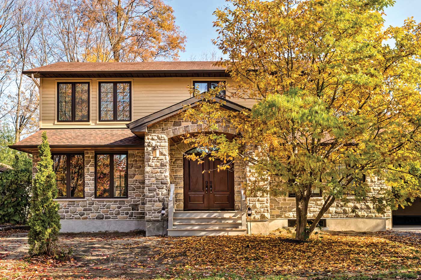 front view of stone home