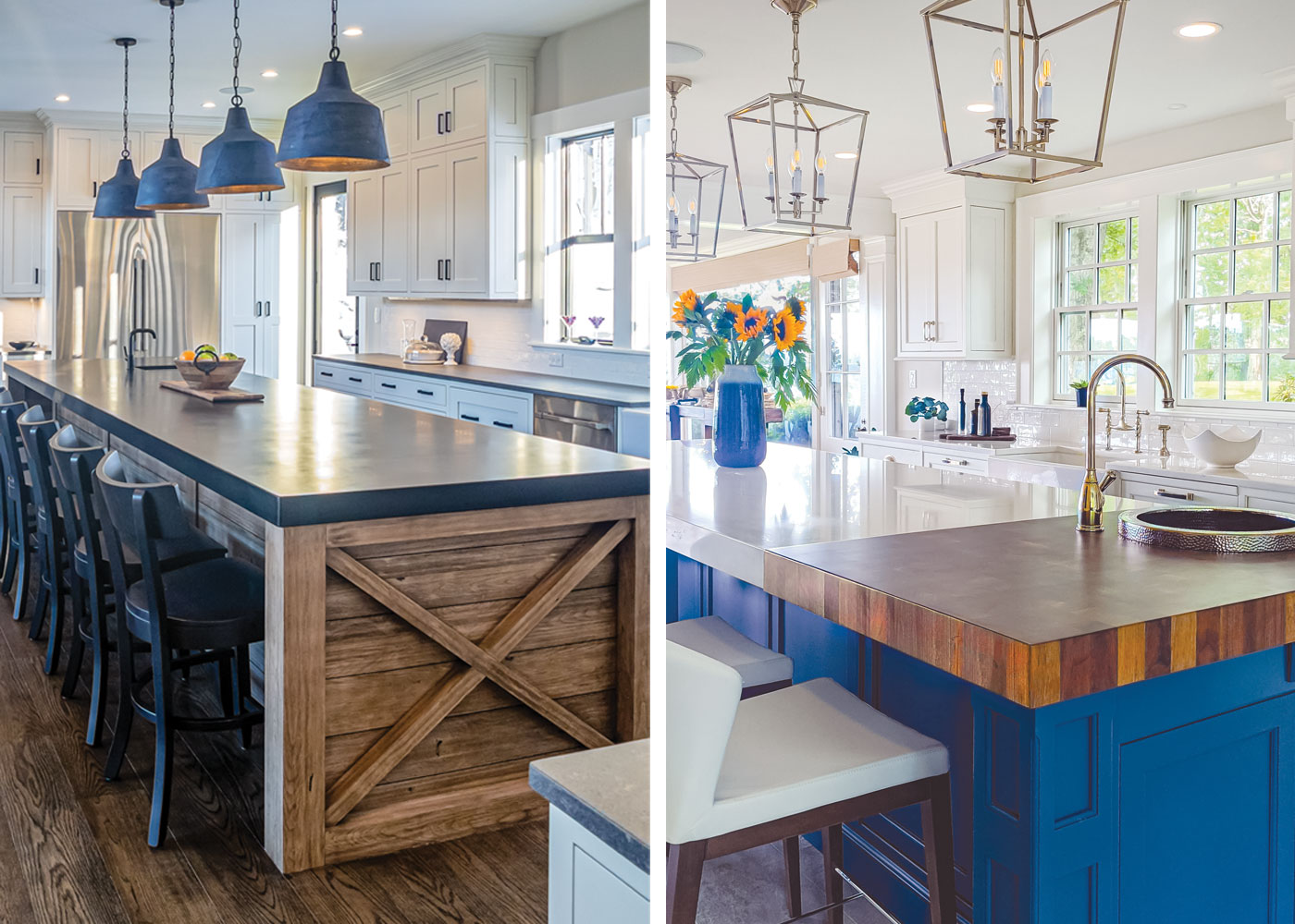 2 newly designed kitchens side by side with big islands and featuring a lot of blue and white in the cabinets and countertops