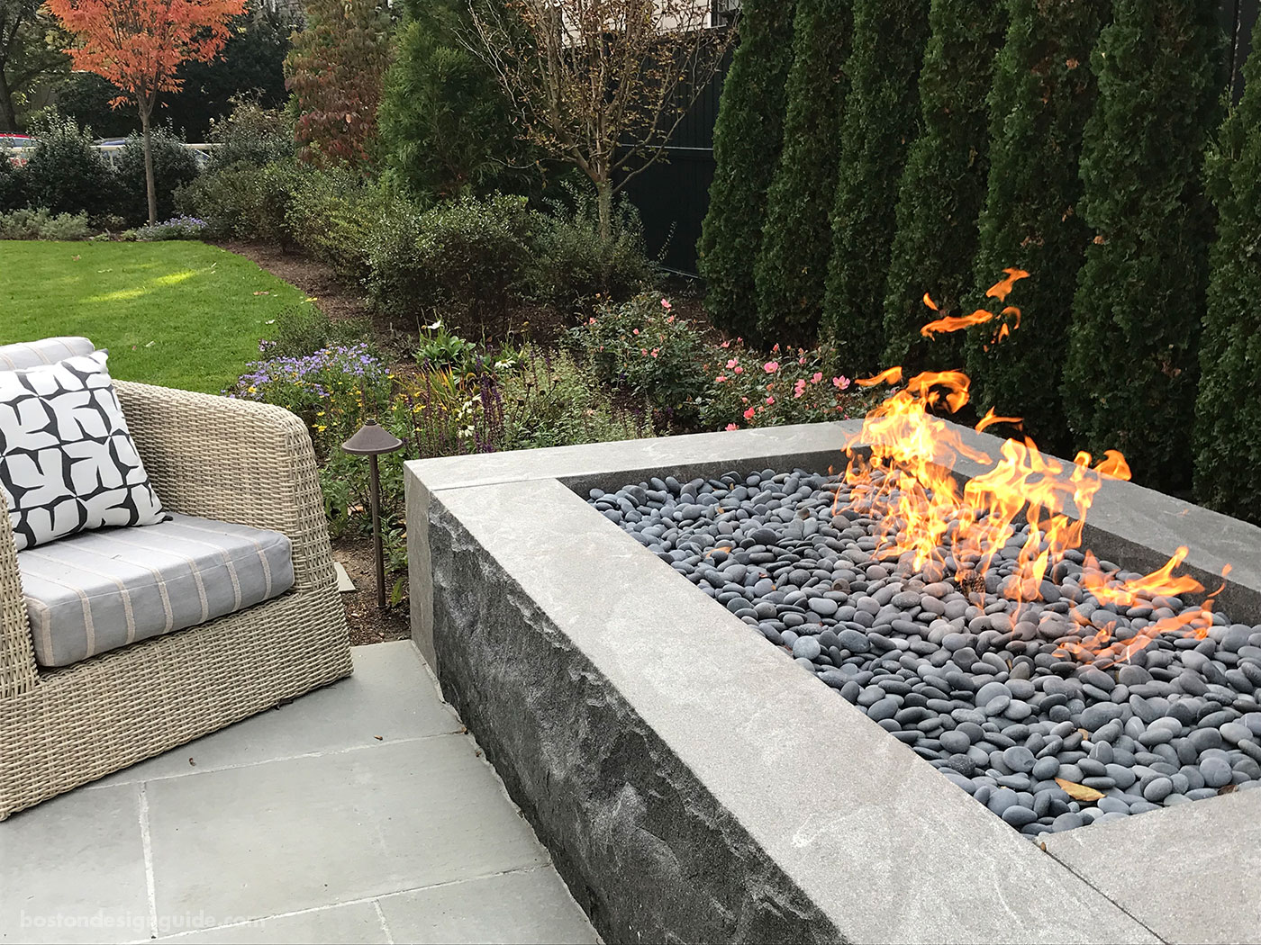 Custom fireplace designed by Gregory Lombardi Design and constructed by Landscape Creations