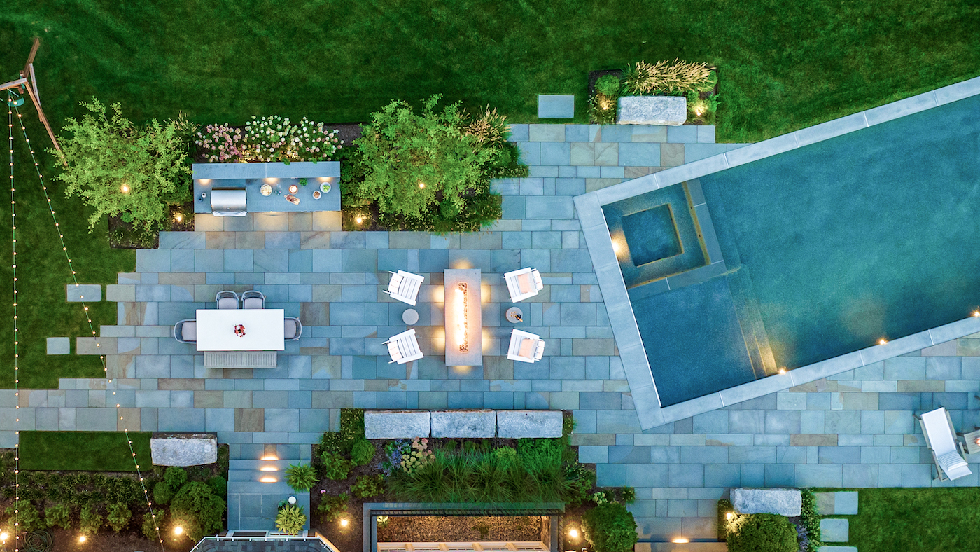 Ariel view of pool and patio area