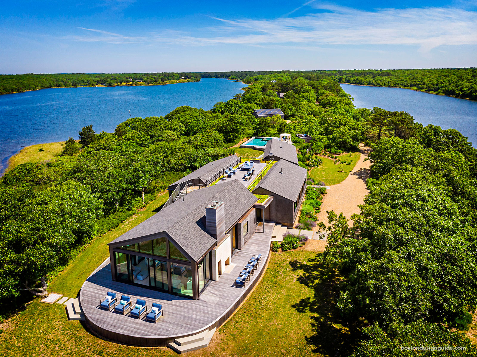 overhead view of Martha's Vineyard house surrounded by water