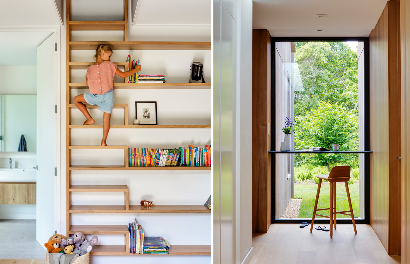 little girl climbing on bookcase and chair overlooking a full length window