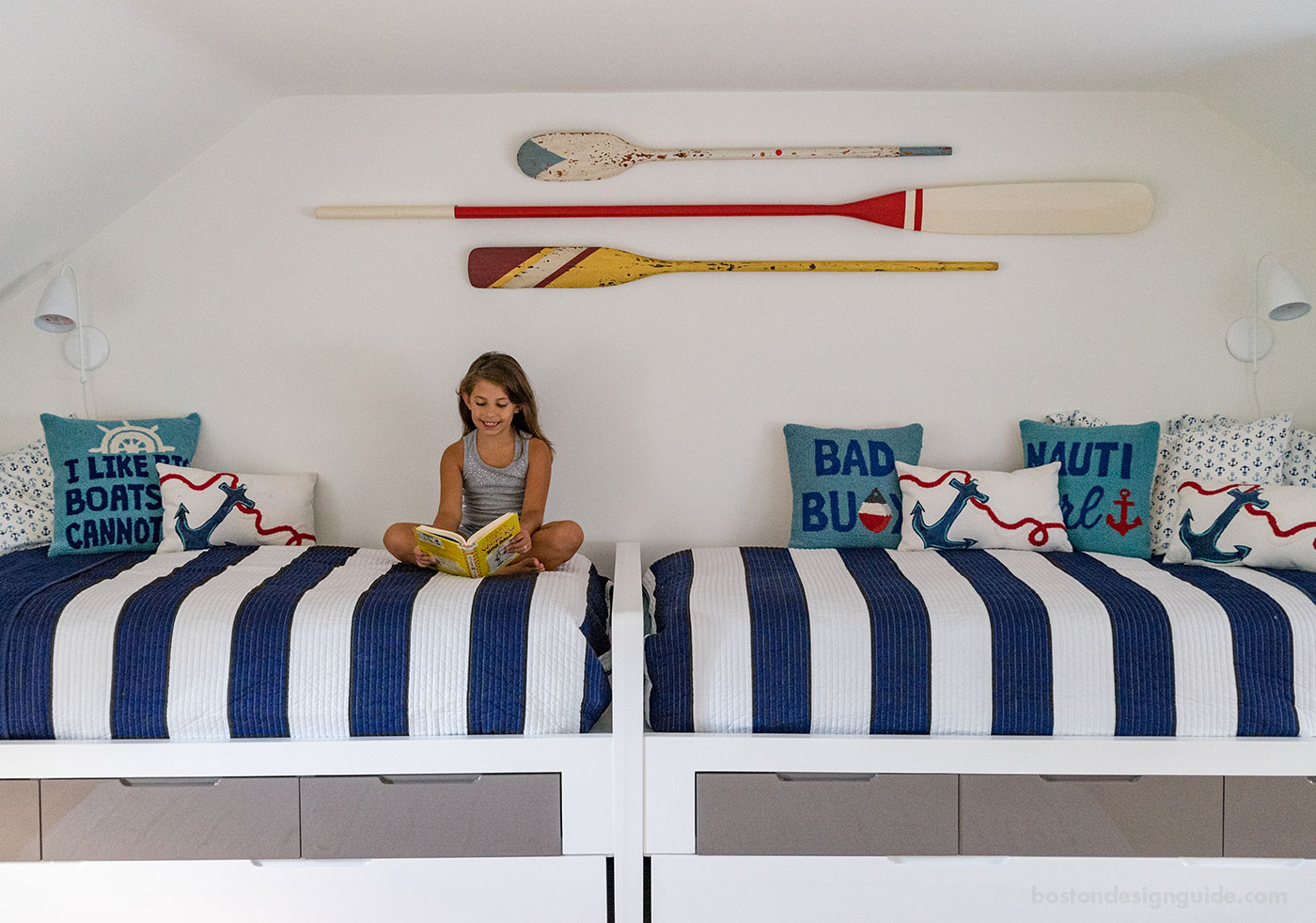 Nautical blue and white children's room designed by Martha's Vineyard Interior Design, architecture by Hutker Architects