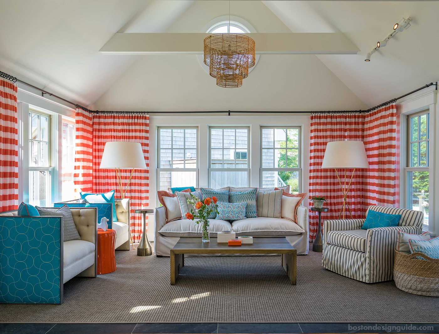 Colorful living room with rope accents by Martha's Vineyard Interior Design