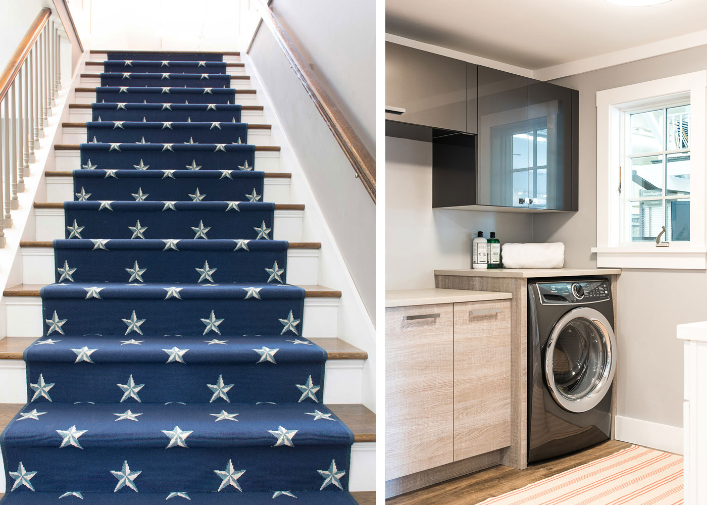 stairs with star carpeting and laundry room set up at Marine Home Center