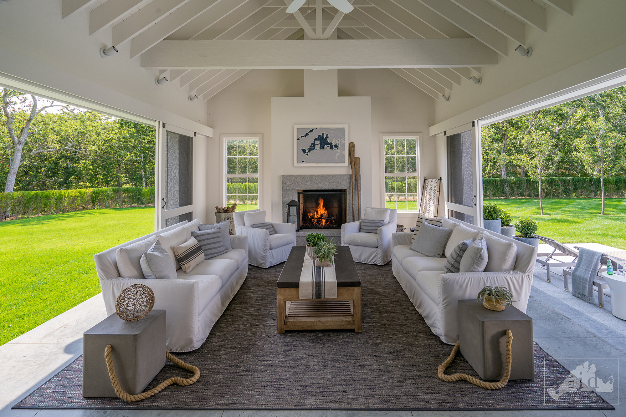 HIgh-end screened porch with fireplace