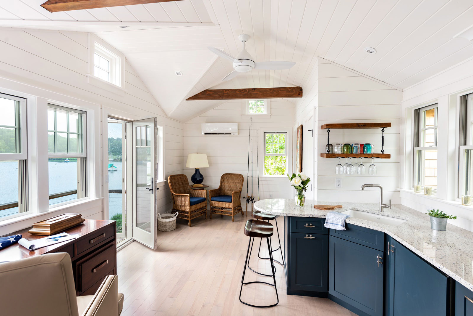 Interior of a custom Cape Cod boathouse built by McPhee Associates of Cape Cod