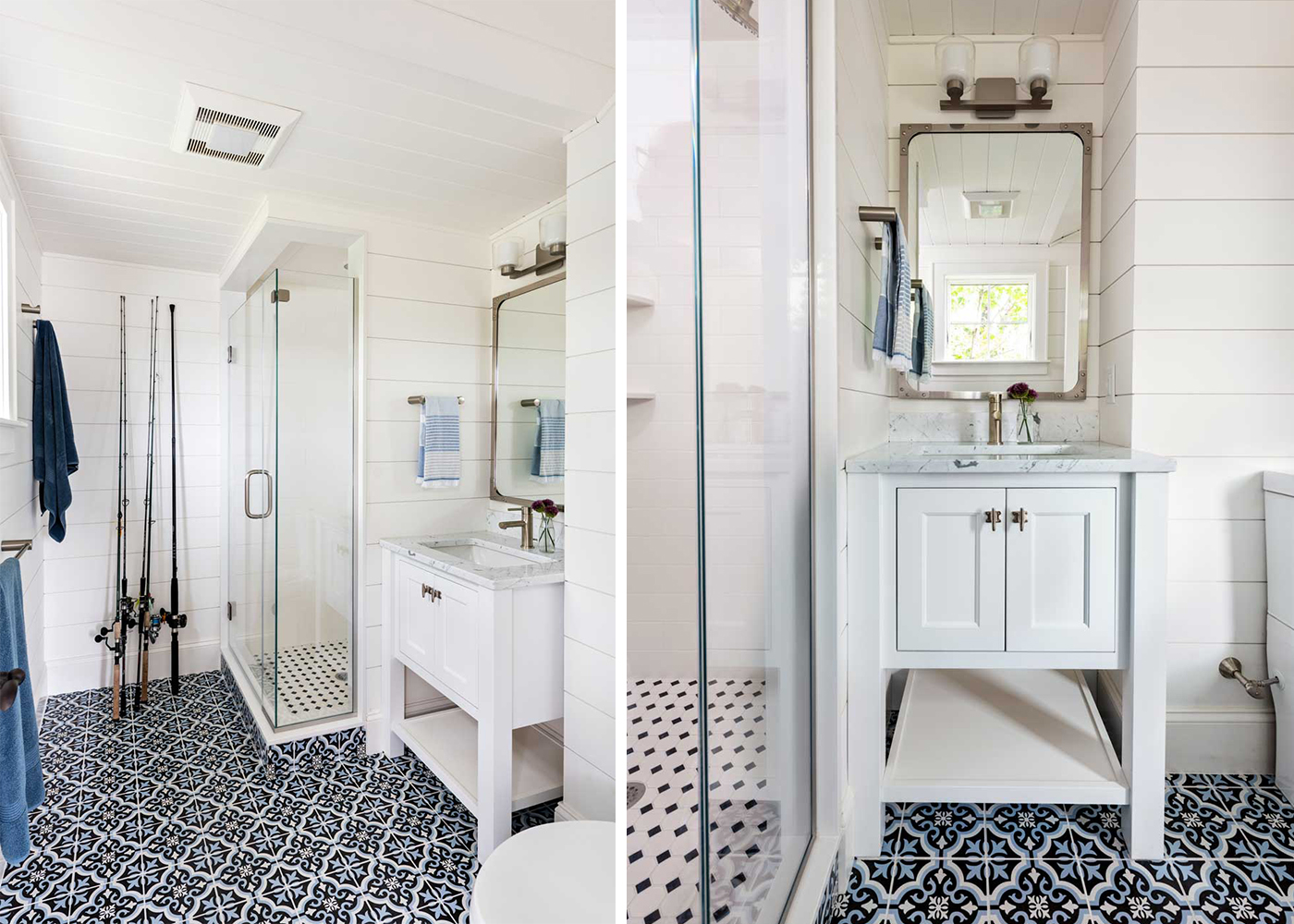 2 images of a boathouse bathroom