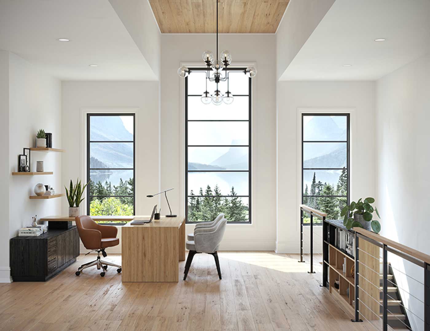 office with floor to ceiling windows overlooking mountains and water