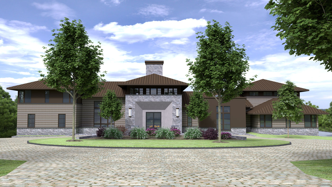 Rendering of the front of a Modern Prairie style home Modern Prairie style home