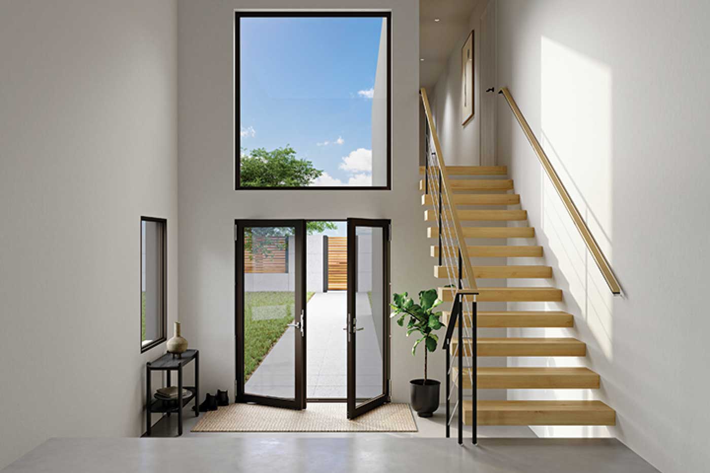 front entry way with open glass doors and a stairway to the right