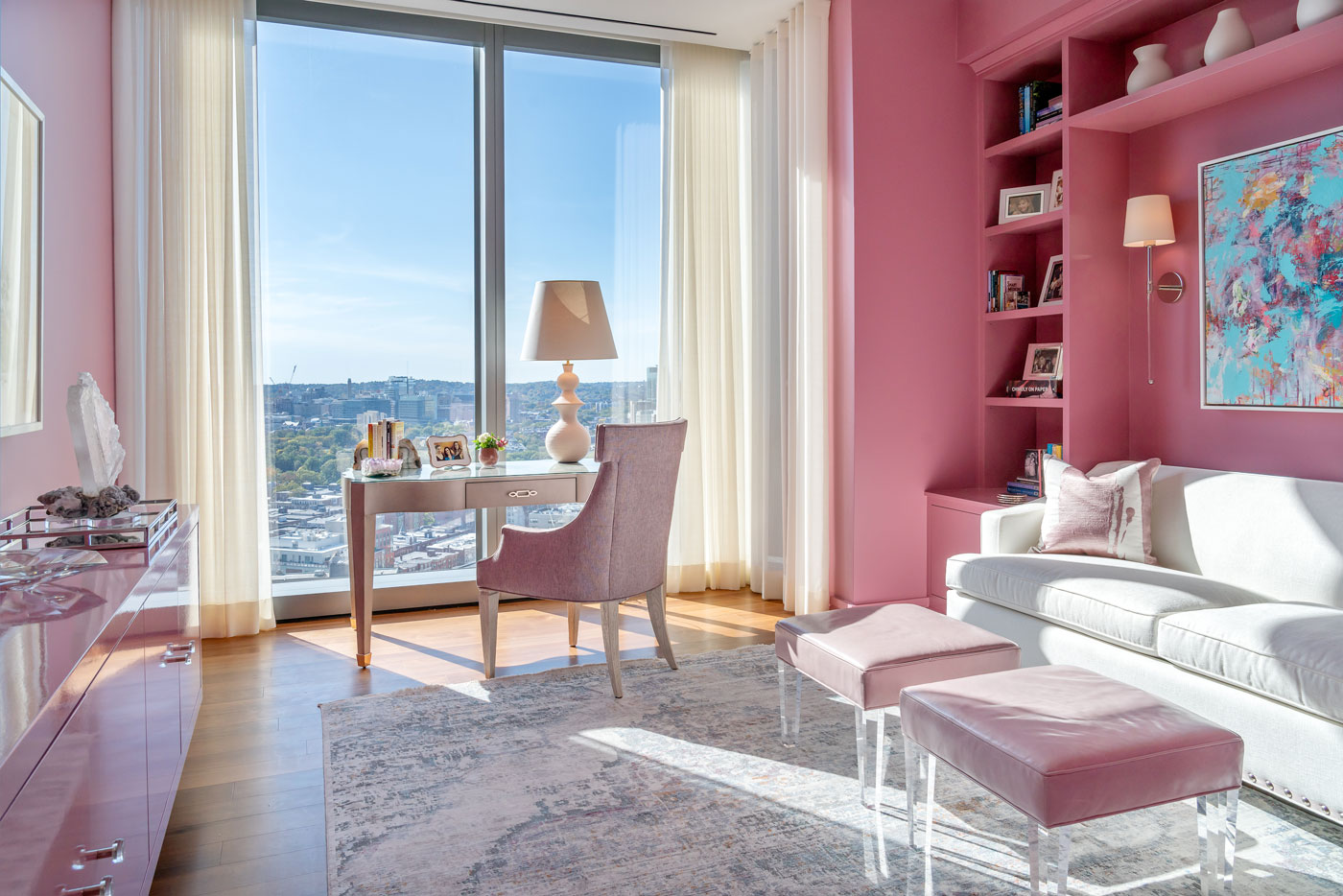 An upscale pink bedroom design by Michael Carter of Carter & Company