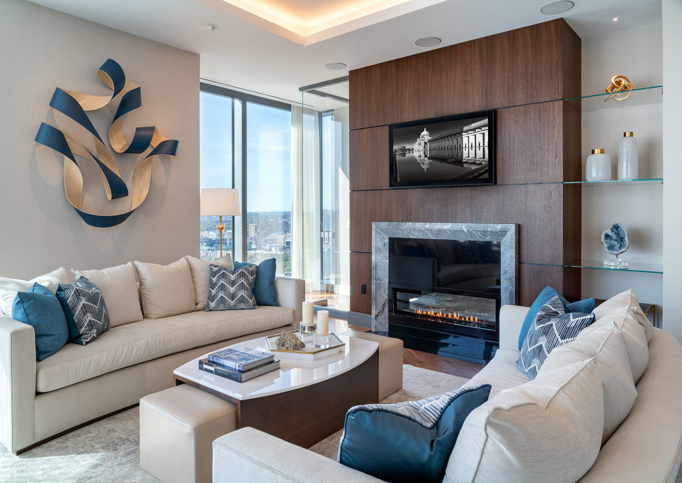 High-end living room design by interior designer Michael Carter of Carter & Company at One Dalton, Four Seasons Hotel and Private Residences