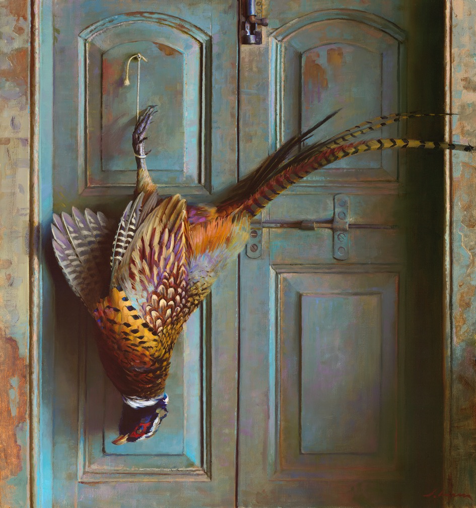 Jeffery T. Larson, Pheasant on a Blue Door, Oil on linen, 32 x 30 inches