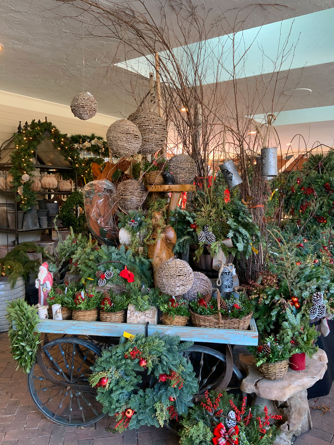 Festive holiday decorations at Stonegate Gardens in Lincoln, MA