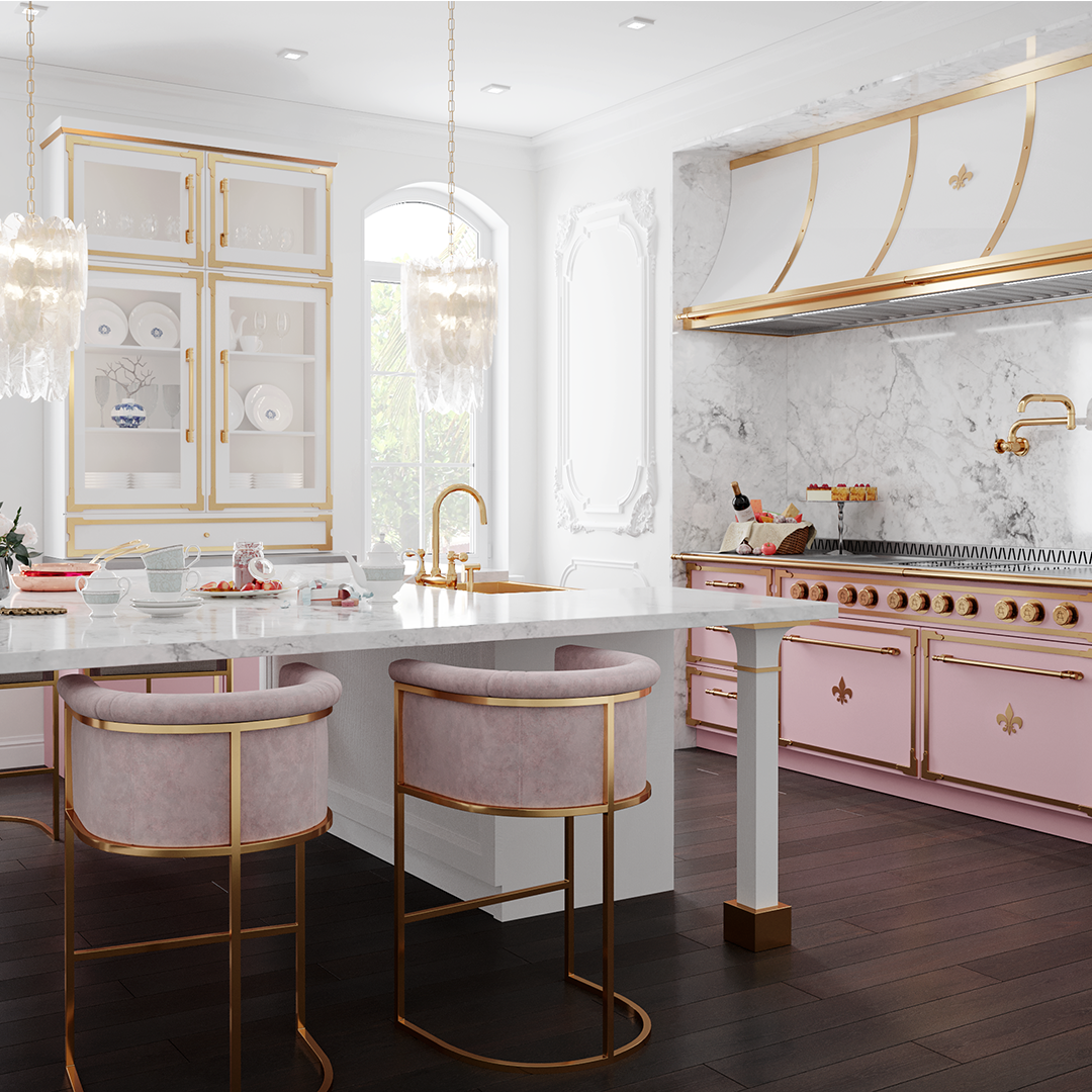 Pink L'atelier stove in bright white kitchen