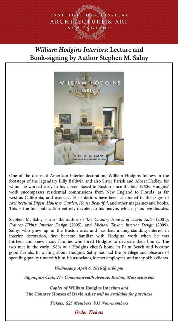 William Hodgins Interiors: Lecture and Book-signing by Author Stephen M. Salny