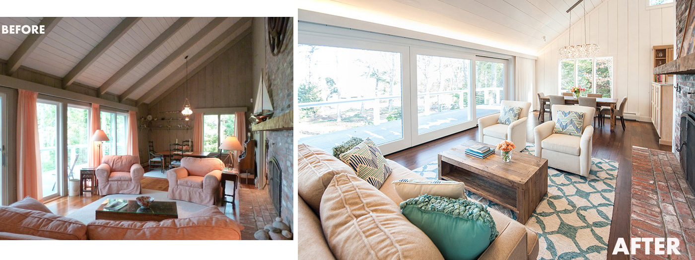 Before and after living room transformation for a custom high-end Cape Cod renovation by Salt Architecture