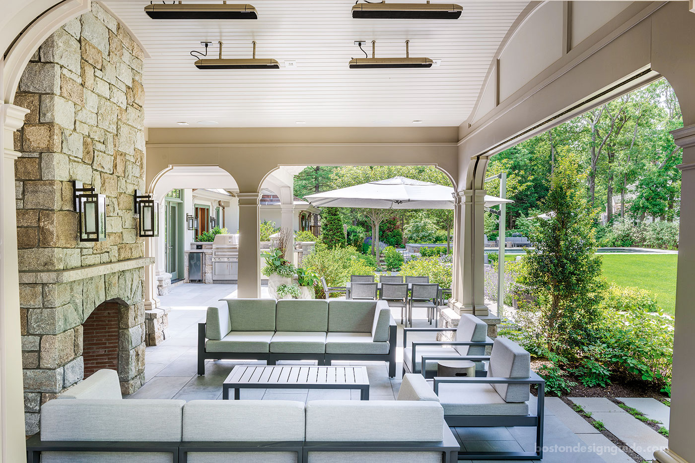 All-season porch with fireplace, outdoor heater and Phantom screens