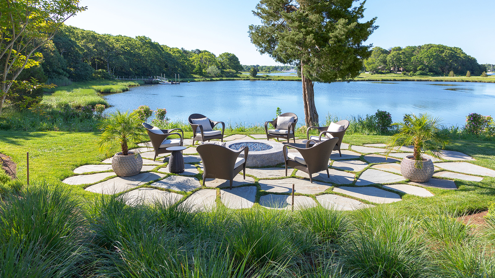 Waterside Fire Pit Terrace by Boston Area Landscape Contractor Schumacher Companies