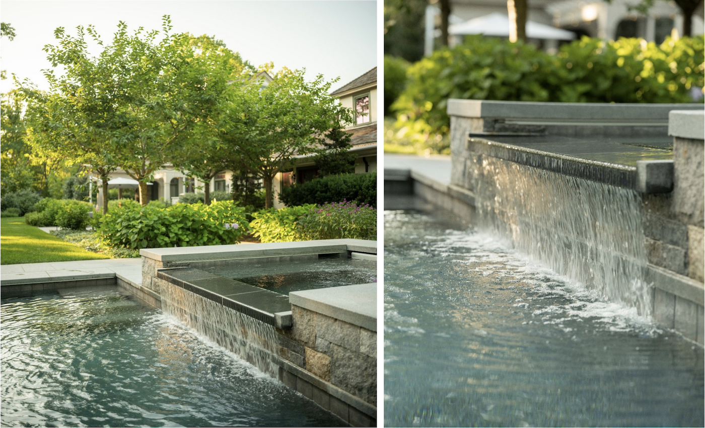 pool design, integrated spa, waterfall, spillway, landscape creations